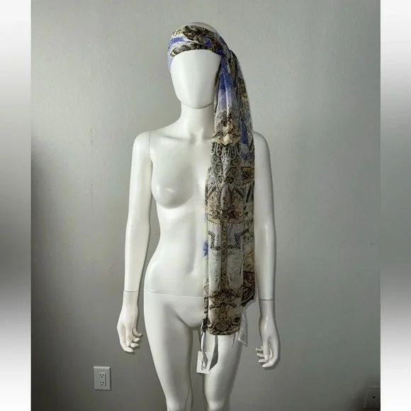 Camilla “Guilded Pleasures” blue white silk long scarf shawl belt top headwrap
